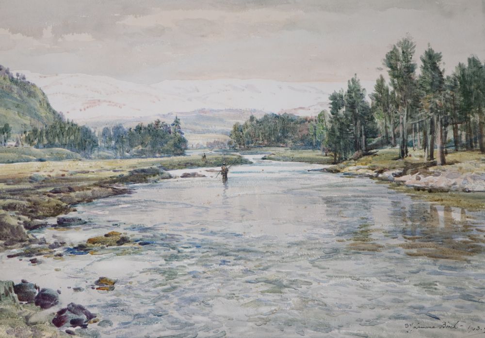 Samuel John Lamorna Birch (1869-1955), Salmon fishing on the River Dee, signed and dated 1943, 35.5cm x 51cm, unframed
